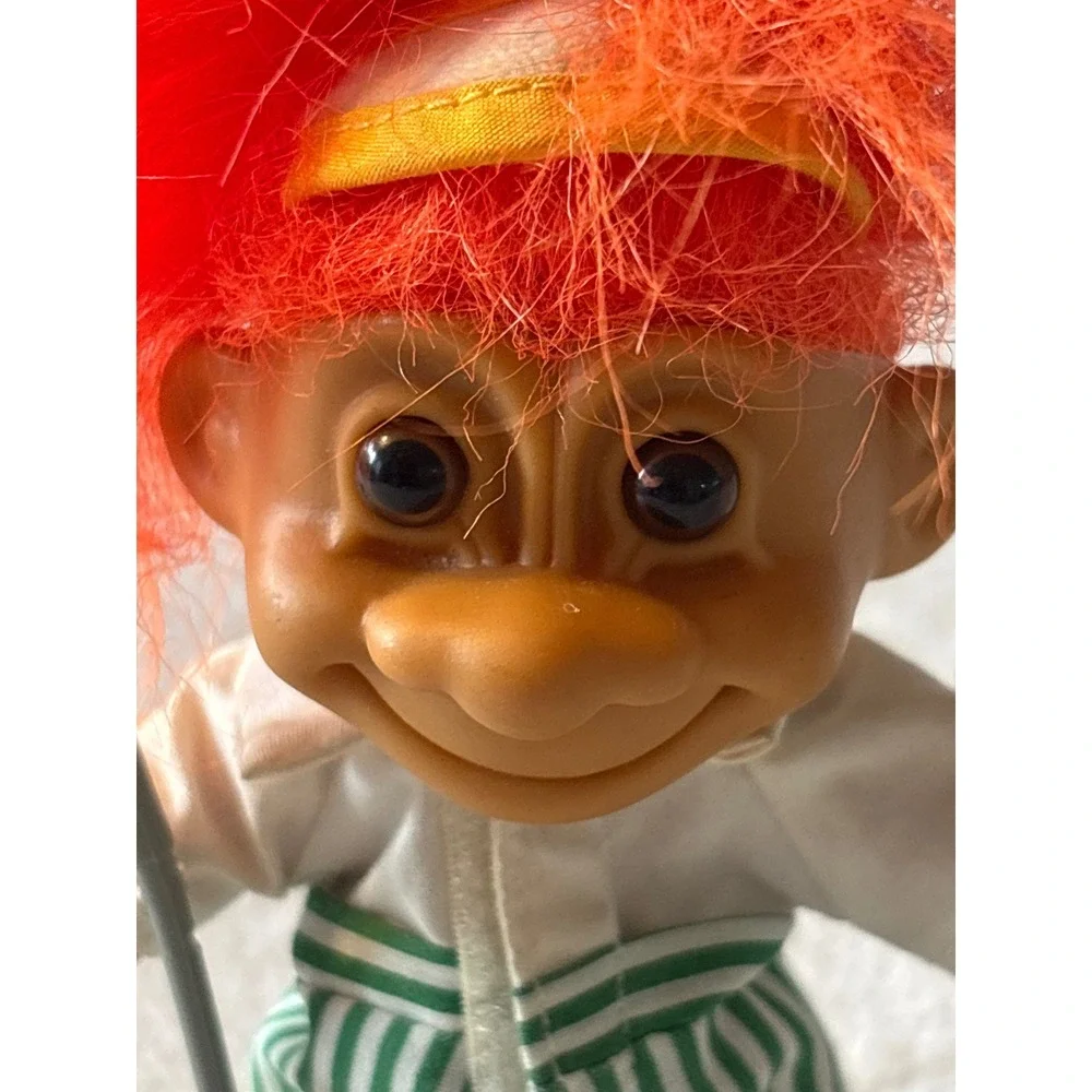Vintage Troll Doll Golfer Orange Hair Green Striped Pants Golf Club Toy